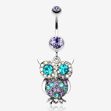 Jeweled Sparkling Owl Dangle Belly Ring-Tanzanite